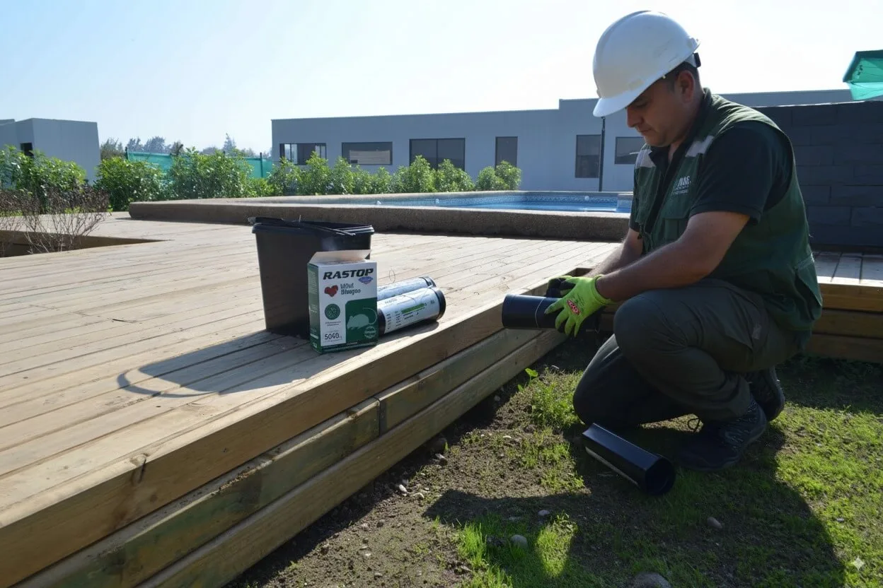Estación de cebo para ratones, segura y cerrada, instalada en el exterior de una casa junto a una pared