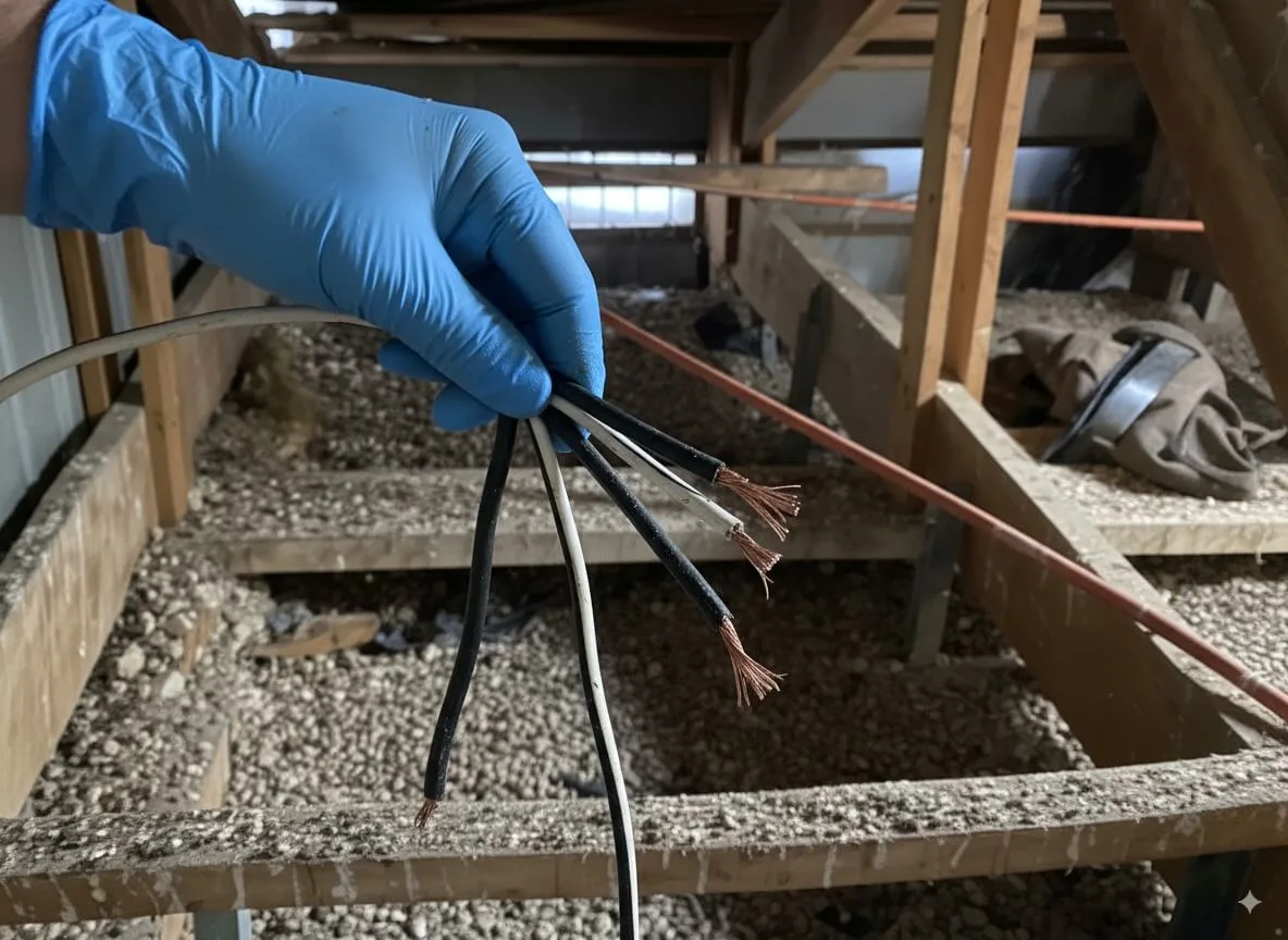 Mano de un experto mostrando cables eléctricos dañados por roeduras de ratón
