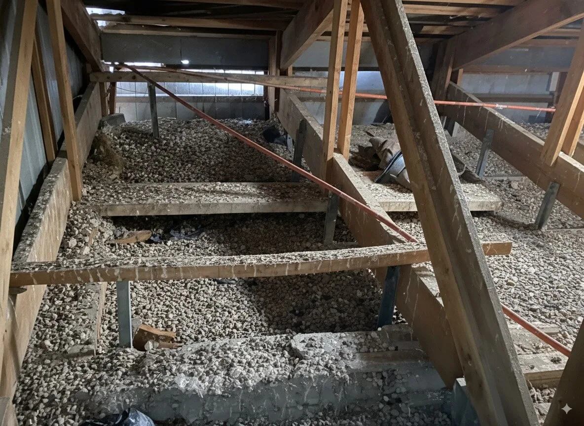 Excrementos de ratón en primer plano sobre el aislante de un entretecho
