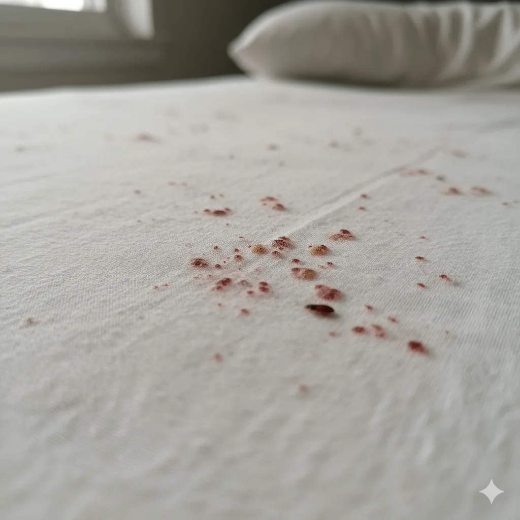 Chinches de cama adultas en una sábana blanca, mostrando picadas y manchas.